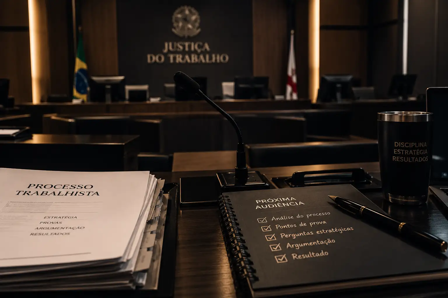 Mesa de audiência na Justiça do Trabalho com processo trabalhista e o checklist da próxima audiência